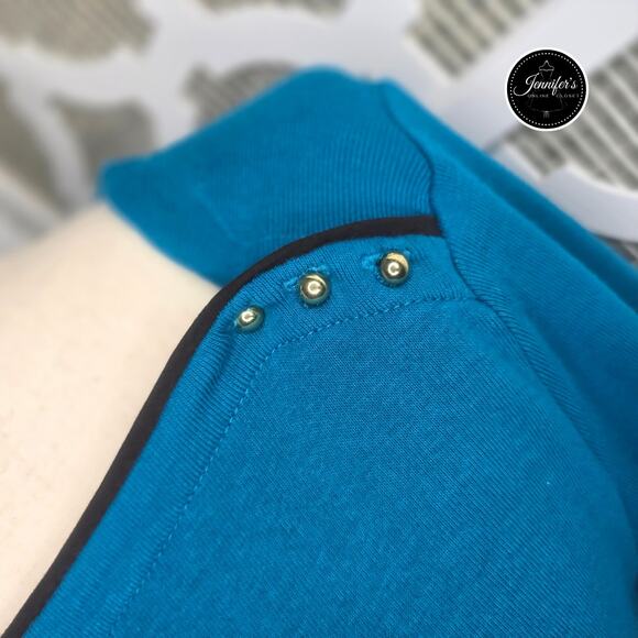 Rafaella Teal and Black Gold Button Detail 3/4 Sleeve Knit Top Size PM - Picture 5 of 10